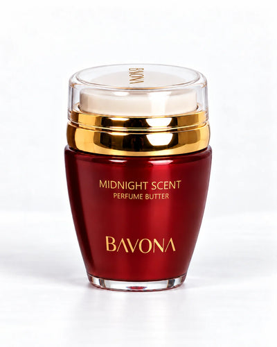 Bavona Midnight Scent perfume butter, 30 ml deep red jar with gold collar on a white background