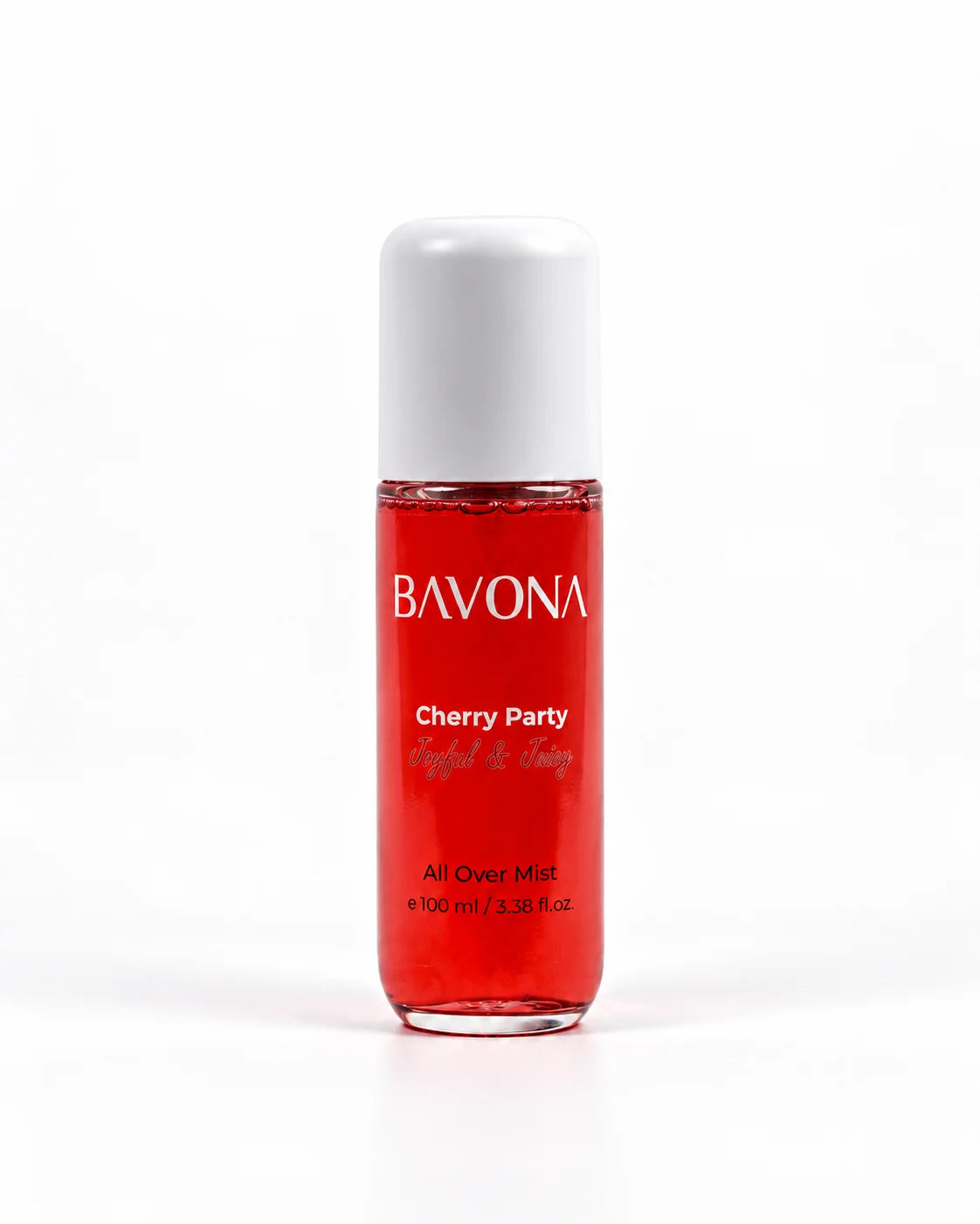 Bavona Cherry Party hair & body mist, 100 ml clear bottle on a white background