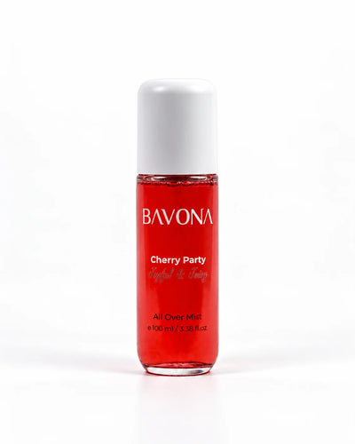 Bavona Cherry Party hair & body mist, 100 ml clear bottle on a white background