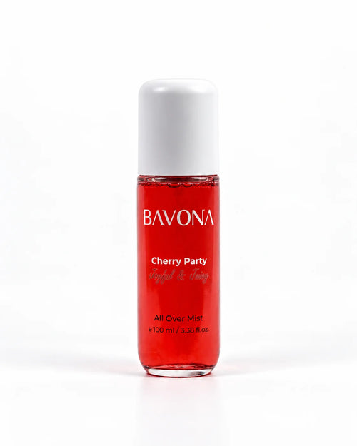 Bavona Cherry Party hair & body mist, 100 ml clear bottle on a white background
