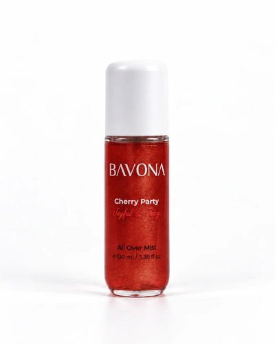 Bavona Cherry Party shimmer hair & body mist, 100 ml bottle with luminous shimmer on a white background