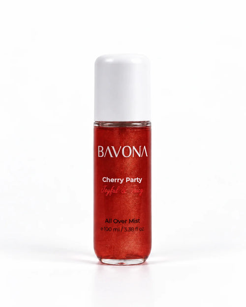 Bavona Cherry Party shimmer hair & body mist, 100 ml bottle with luminous shimmer on a white background