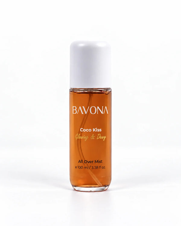 Bavona Coco Kiss hair & body mist, 100 ml clear bottle on a white background