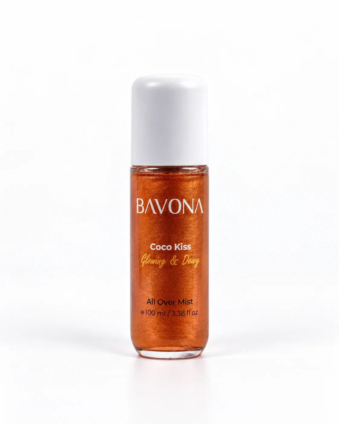 Bavona Coco Kiss shimmer hair & body mist, 100 ml bottle with luminous shimmer on a white background