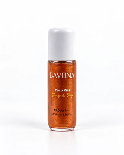 Bavona Coco Kiss shimmer hair & body mist, 100 ml bottle with luminous shimmer on a white background