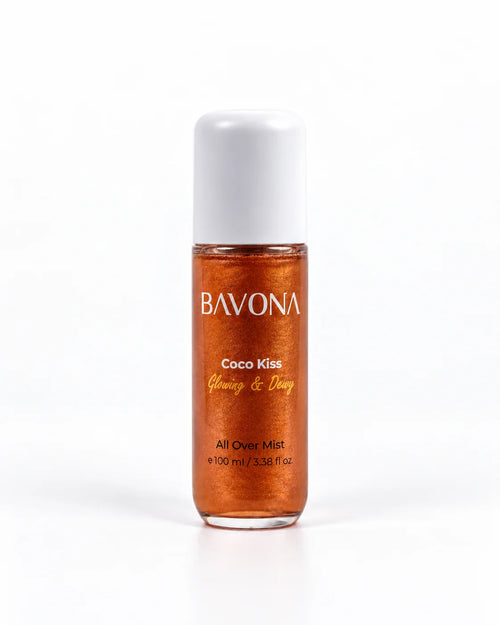 Bavona Coco Kiss shimmer hair & body mist, 100 ml bottle with luminous shimmer on a white background