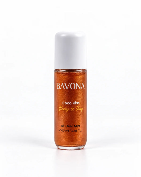 Bavona Coco Kiss shimmer hair & body mist, 100 ml bottle with luminous shimmer on a white background