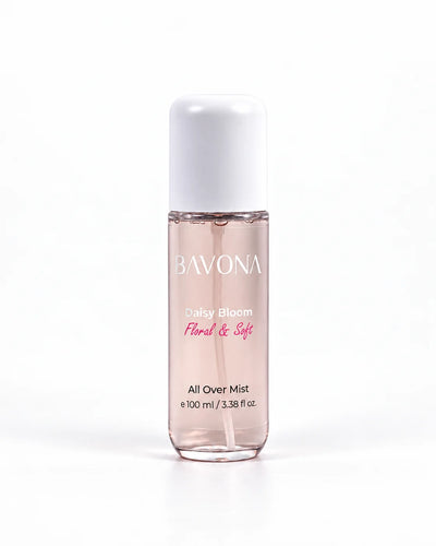 Bavona Daisy Bloom hair & body mist, 100 ml clear bottle on a white background