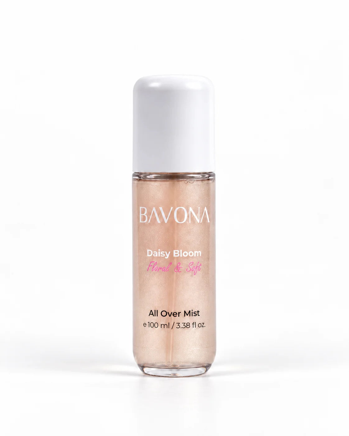 Bavona Daisy Bloom shimmer hair & body mist, 100 ml bottle with luminous shimmer on a white background