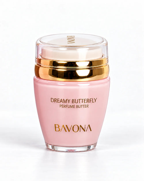 Bavona Dreamy Butterfly perfume butter, 30 ml blush pink jar with gold collar on a white background