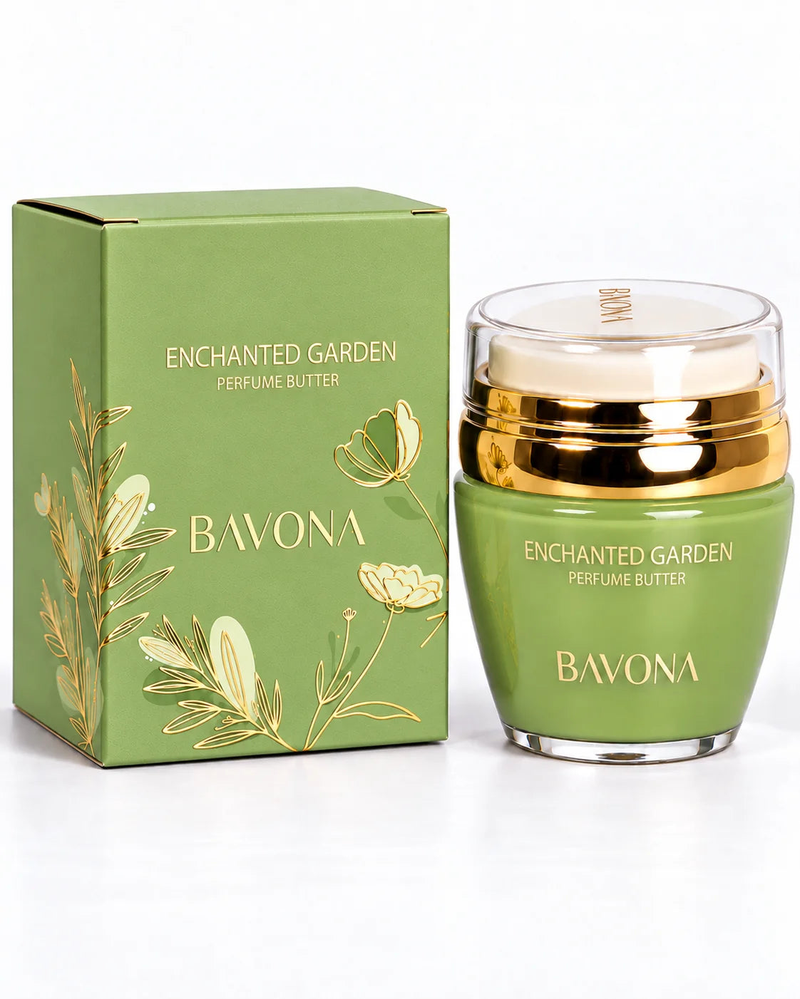 Bavona Enchanted Garden perfume butter, 30 ml green jar beside its gift box on a white background