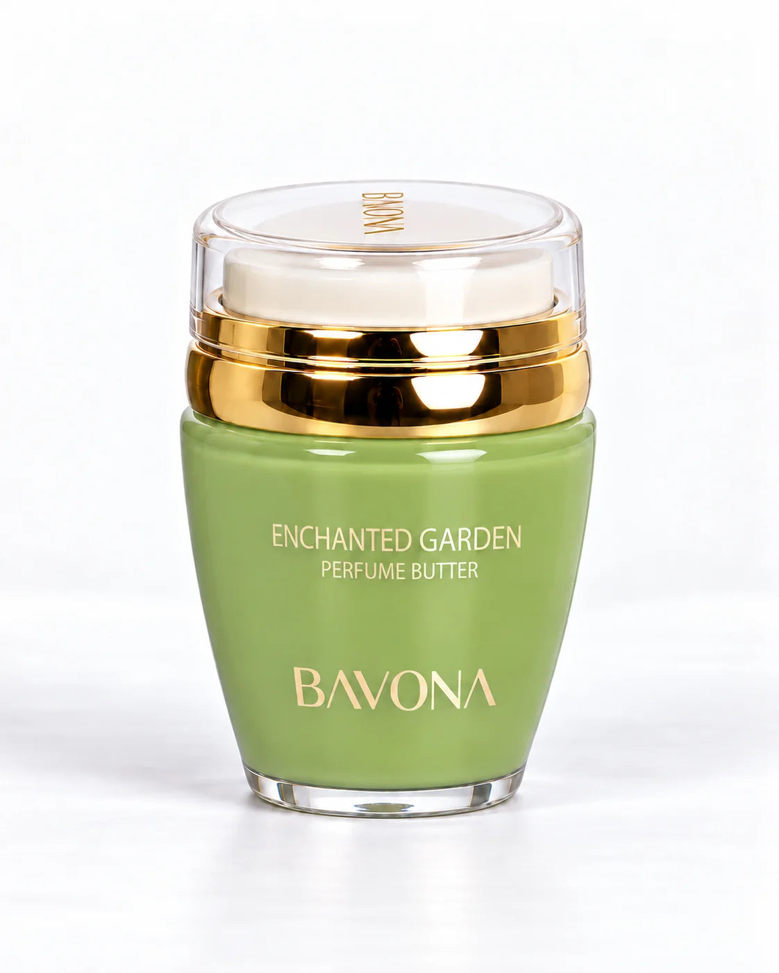 Bavona Enchanted Garden perfume butter, 30 ml sage green jar with gold collar on a white background