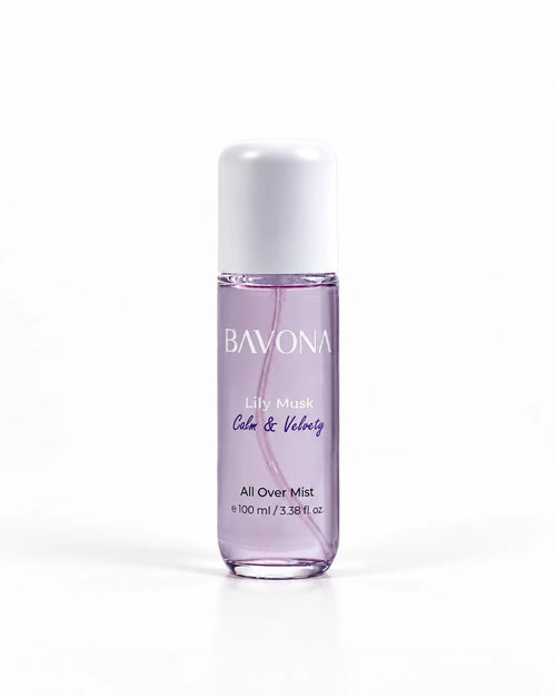 Bavona Lily Musk hair & body mist, 100 ml clear bottle on a white background