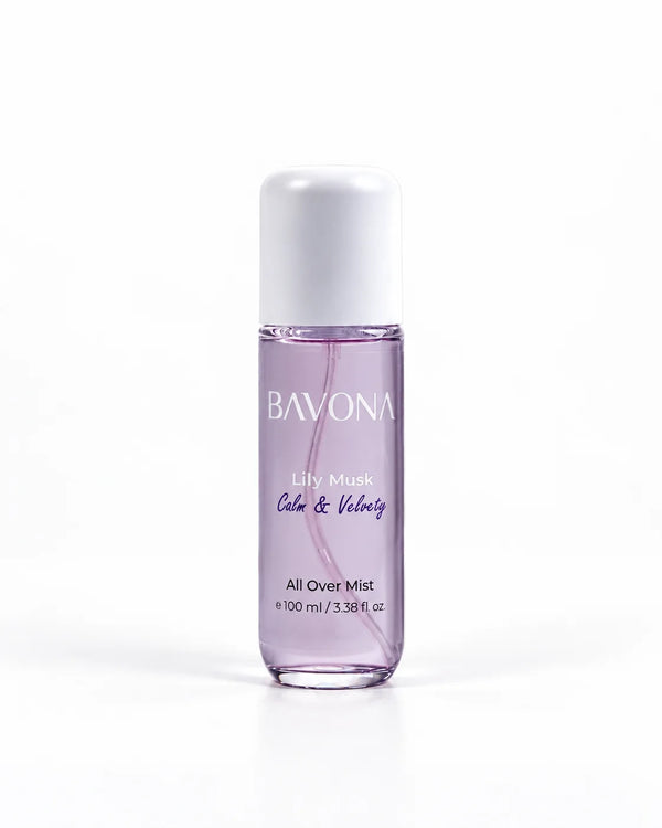 Bavona Lily Musk hair & body mist, 100 ml clear bottle on a white background