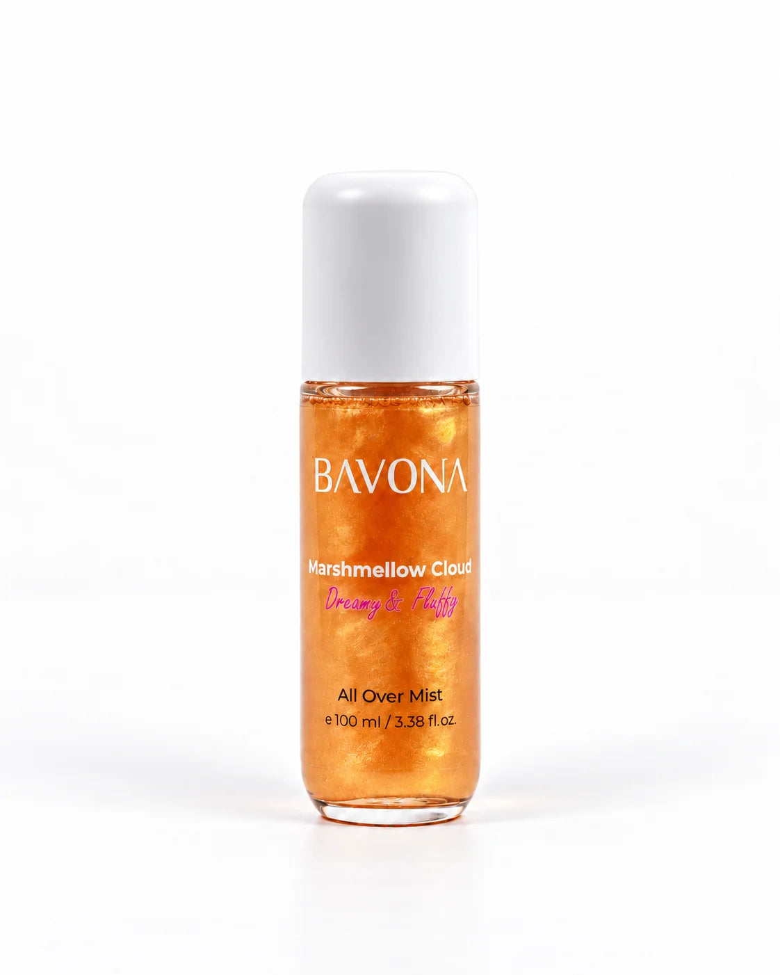 Bavona Marshmallow Cloud shimmer hair & body mist, 100 ml bottle with luminous shimmer on a white background