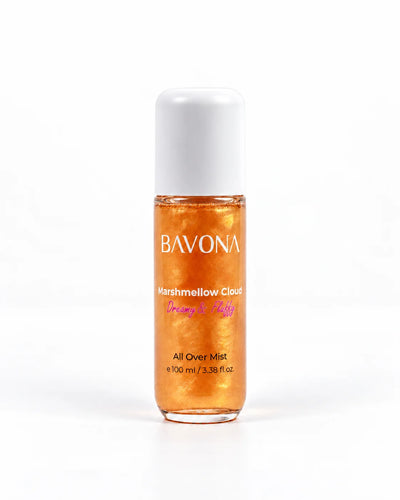Bavona Marshmallow Cloud shimmer hair & body mist, 100 ml bottle with luminous shimmer on a white background