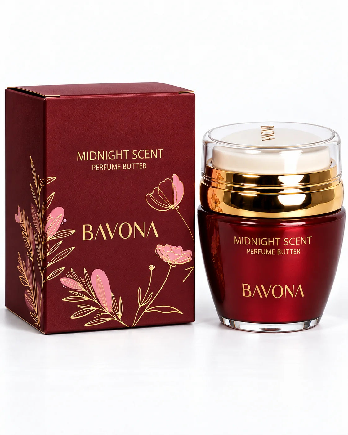 Bavona Midnight Scent perfume butter, 30 ml deep red jar with gold collar beside its gift box on a white background