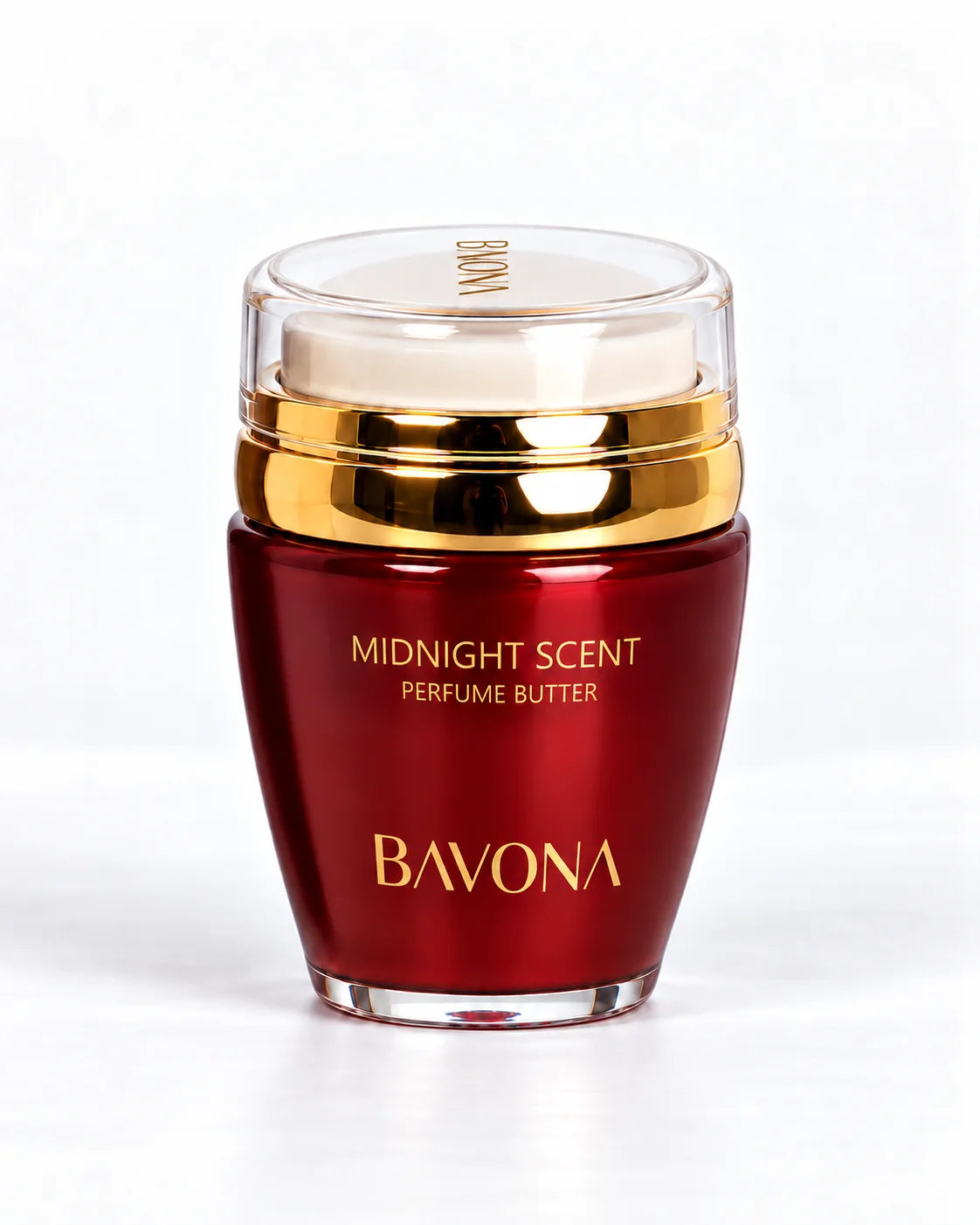 Bavona Midnight Scent perfume butter, 30 ml deep red jar with gold collar on a white background