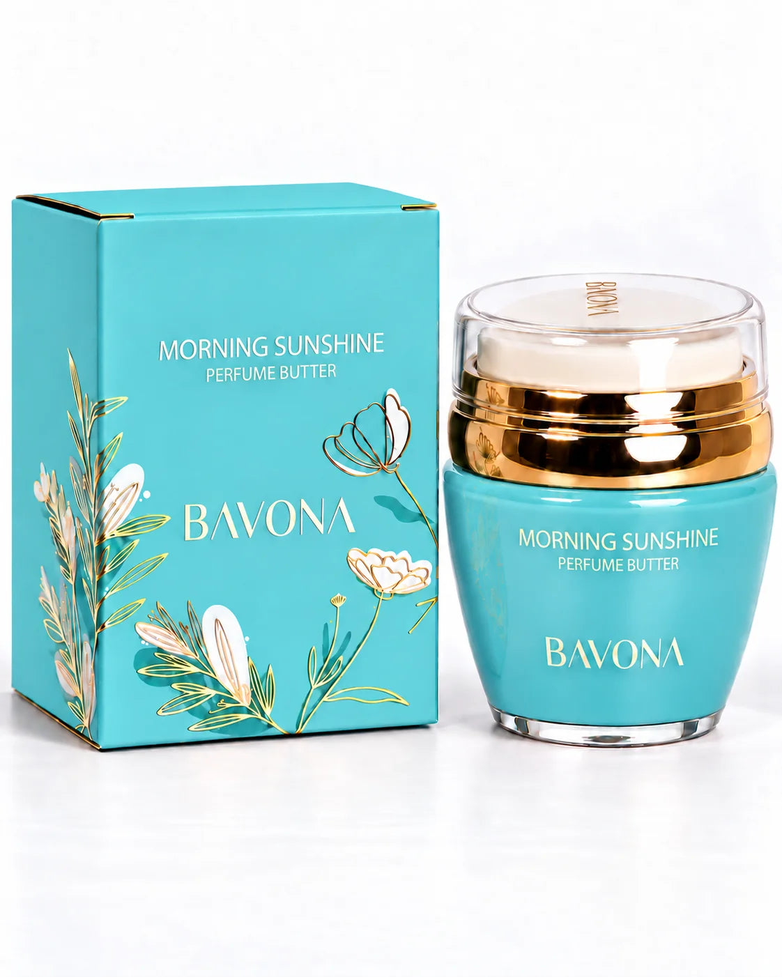 Bavona Morning Sunshine perfume butter, 30 ml turquoise jar with gold collar beside its gift box on a white background