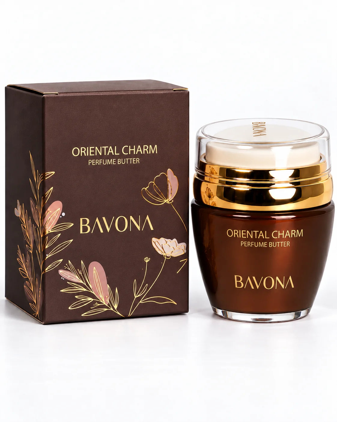 Bavona Oriental Charm perfume butter, 30 ml amber jar with gold collar beside its gift box on a white background