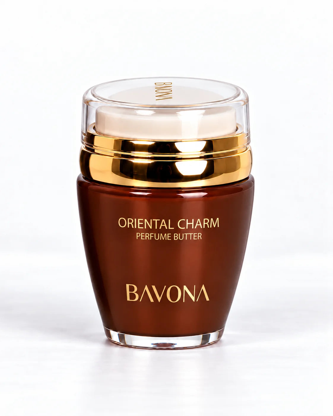 Bavona Oriental Charm perfume butter, 30 ml amber jar with gold collar on a white background