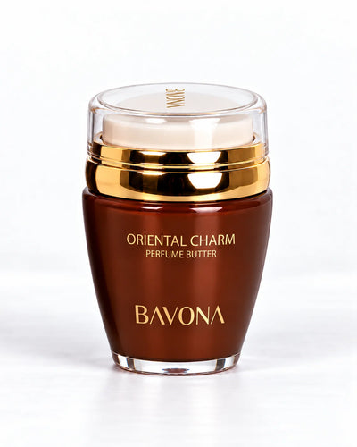 Bavona Oriental Charm perfume butter, 30 ml amber jar with gold collar on a white background