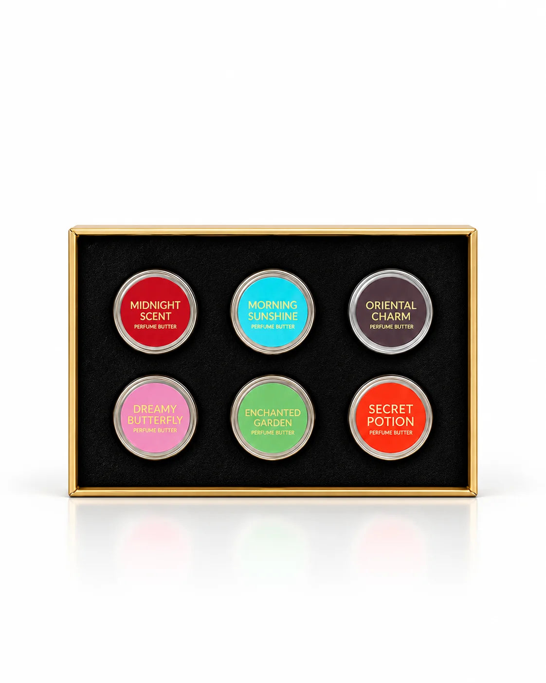 Tray of six Bavona 5 g perfume butters in Discovery Set Box 1: Midnight Scent, Morning Sunshine, Oriental Charm, Dreamy Butterfly, Enchanted Garden and Secret Potion