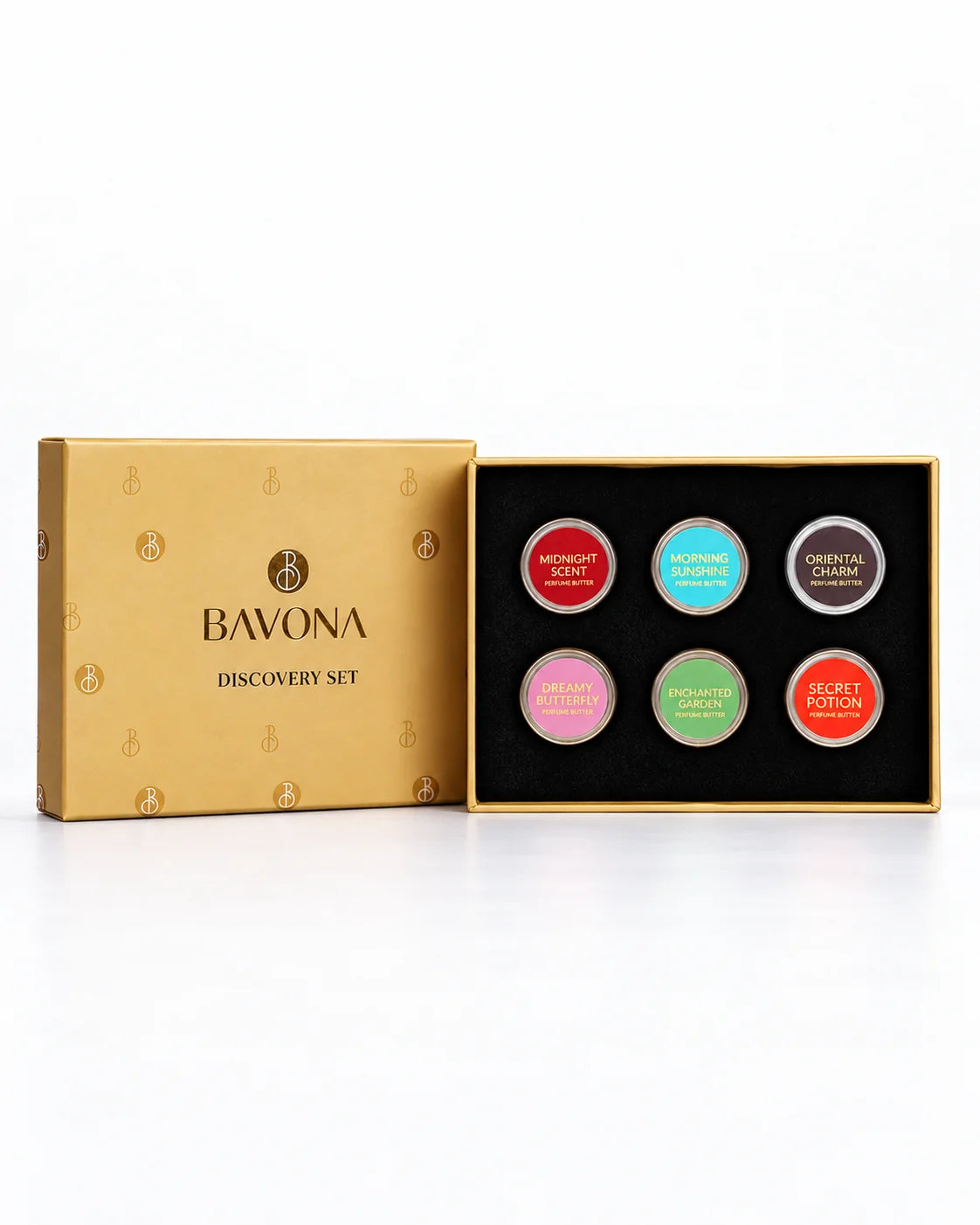 Bavona Perfume Butter Discovery Set Box 1, gold gift box open to six 5 g perfume butters: Midnight Scent, Morning Sunshine, Oriental Charm, Dreamy Butterfly, Enchanted Garden and Secret Potion