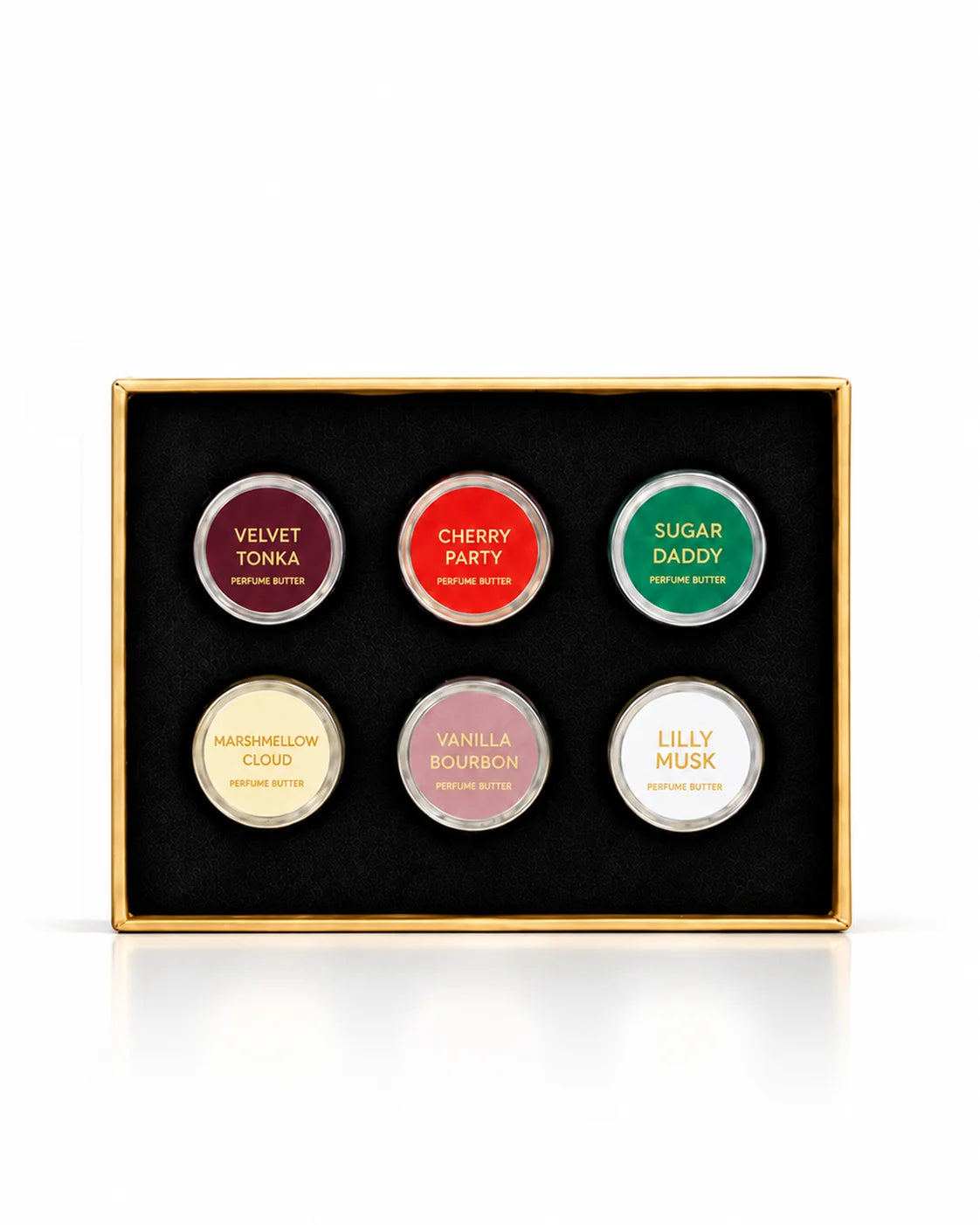 Tray of six Bavona 5 g perfume butters in Discovery Set Box 2: Velvet Tonka, Cherry Party, Sugar Daddy, Marshmallow Cloud, Vanilla Bourbon and Lily Musk