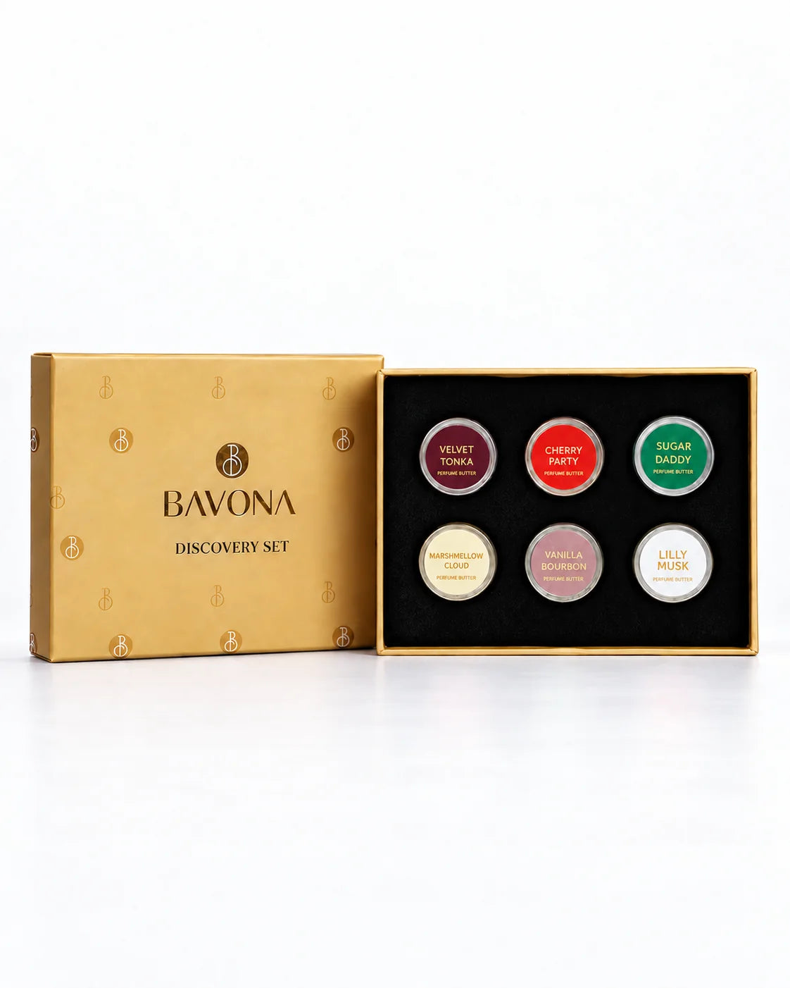 Bavona Perfume Butter Discovery Set Box 2, gold gift box open to six 5 g perfume butters: Velvet Tonka, Cherry Party, Sugar Daddy, Marshmallow Cloud, Vanilla Bourbon and Lily Musk