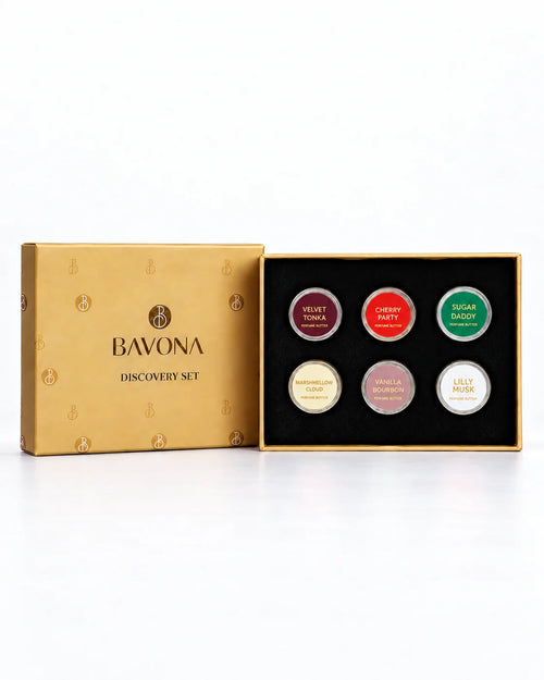Bavona Perfume Butter Discovery Set Box 2, gold gift box open to six 5 g perfume butters: Velvet Tonka, Cherry Party, Sugar Daddy, Marshmallow Cloud, Vanilla Bourbon and Lily Musk