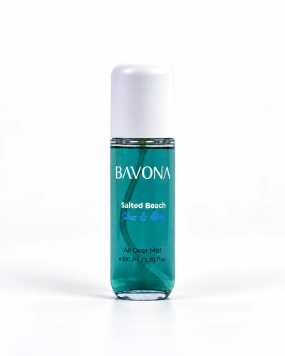Bavona Salted Beach hair & body mist, 100 ml clear bottle on a white background