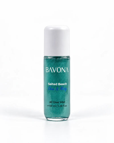 Bavona Salted Beach shimmer hair & body mist, 100 ml bottle with luminous shimmer on a white background