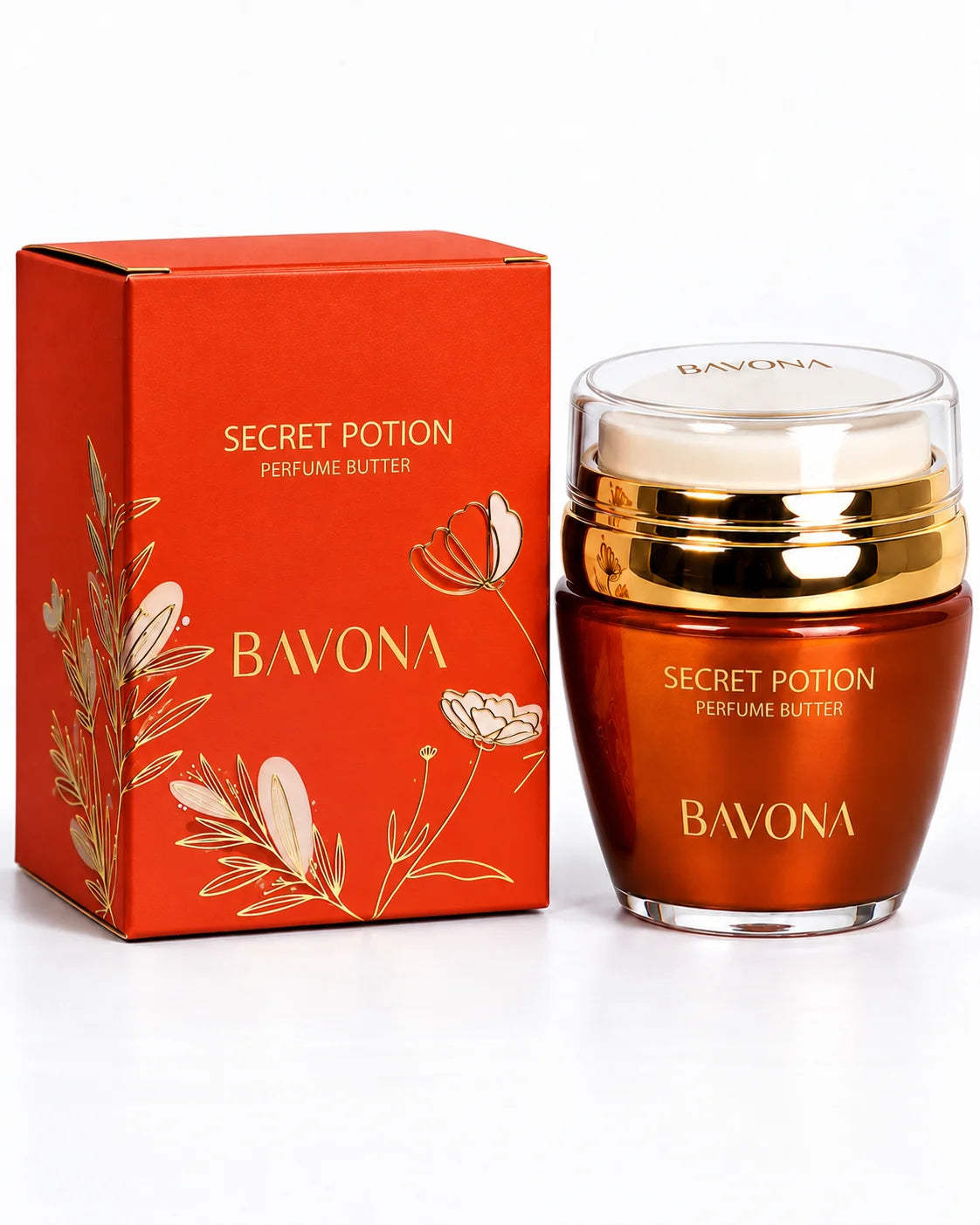 Bavona Secret Potion perfume butter, 30 ml copper jar with gold collar beside its gift box on a white background