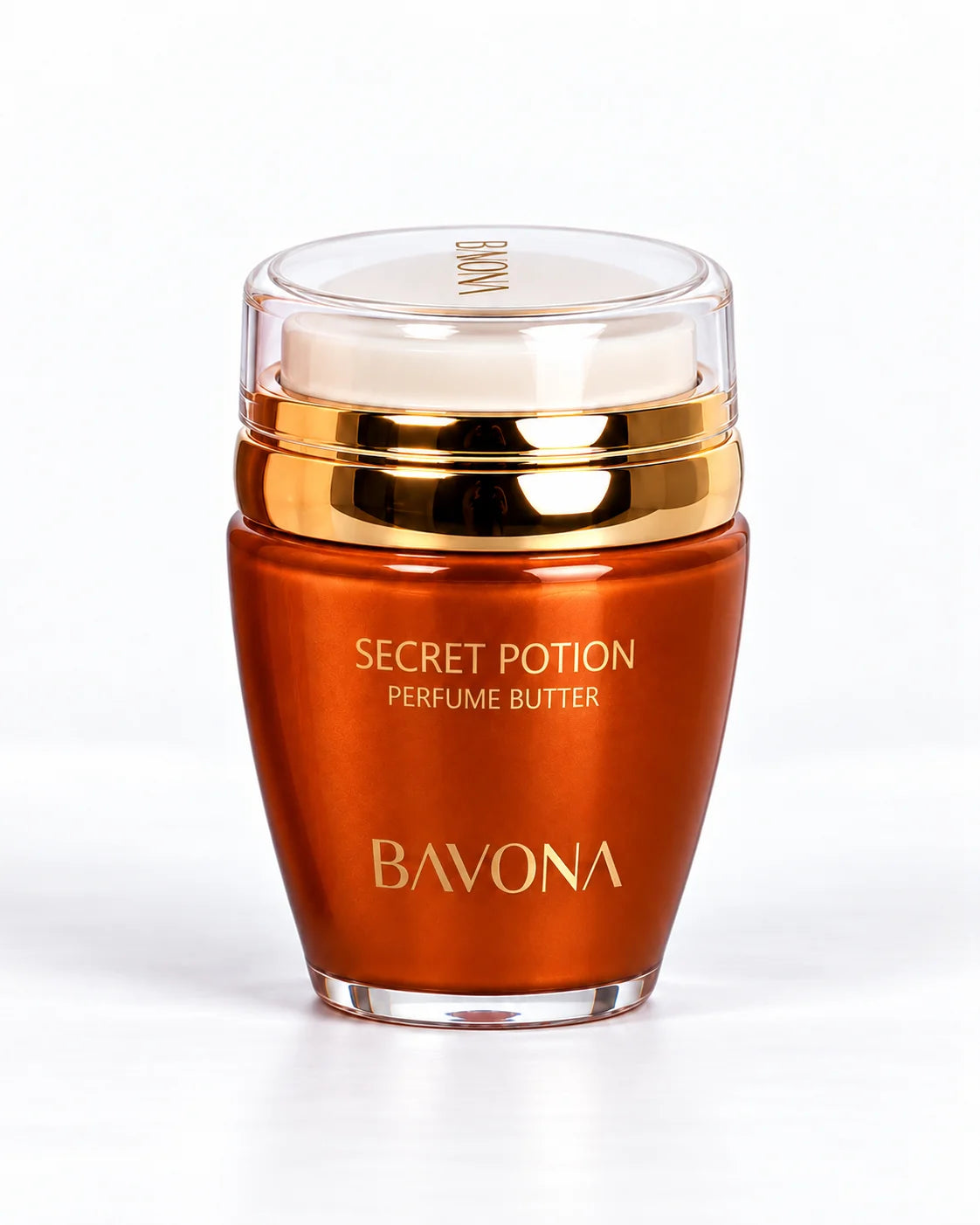 Bavona Secret Potion perfume butter, 30 ml copper jar with gold collar on a white background