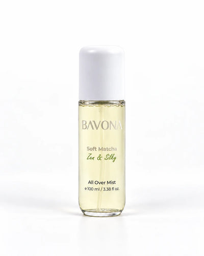 Bavona Soft Matcha hair & body mist, 100 ml clear bottle on a white background