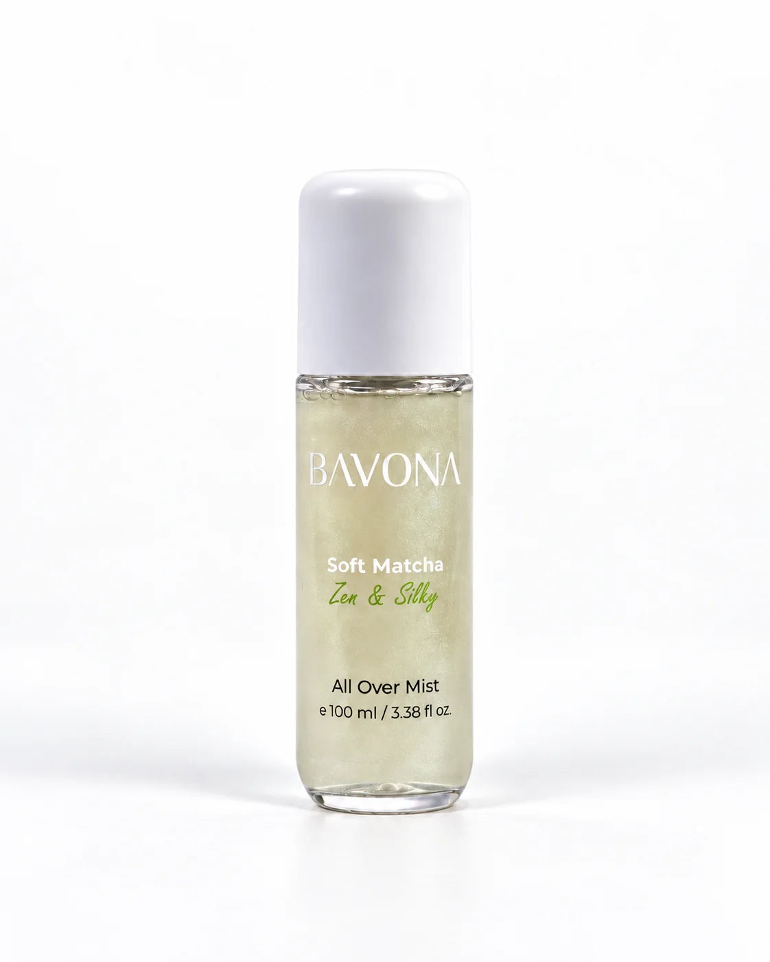 Bavona Soft Matcha shimmer hair & body mist, 100 ml bottle with luminous shimmer on a white background