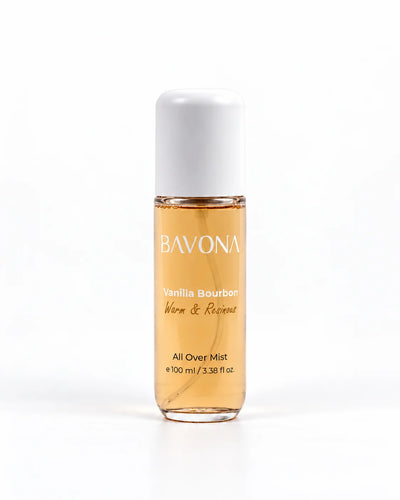 Bavona Vanilla Bourbon hair & body mist, 100 ml clear bottle on a white background