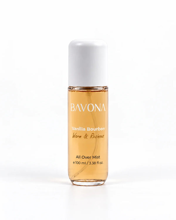 Bavona Vanilla Bourbon hair & body mist, 100 ml clear bottle on a white background