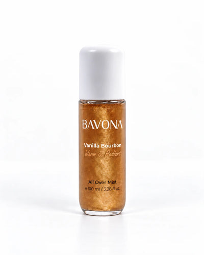 Bavona Vanilla Bourbon shimmer hair & body mist, 100 ml bottle on a white background