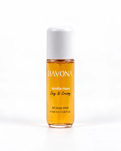 Bavona Vanilla Haze hair & body mist, 100 ml clear bottle on a white background