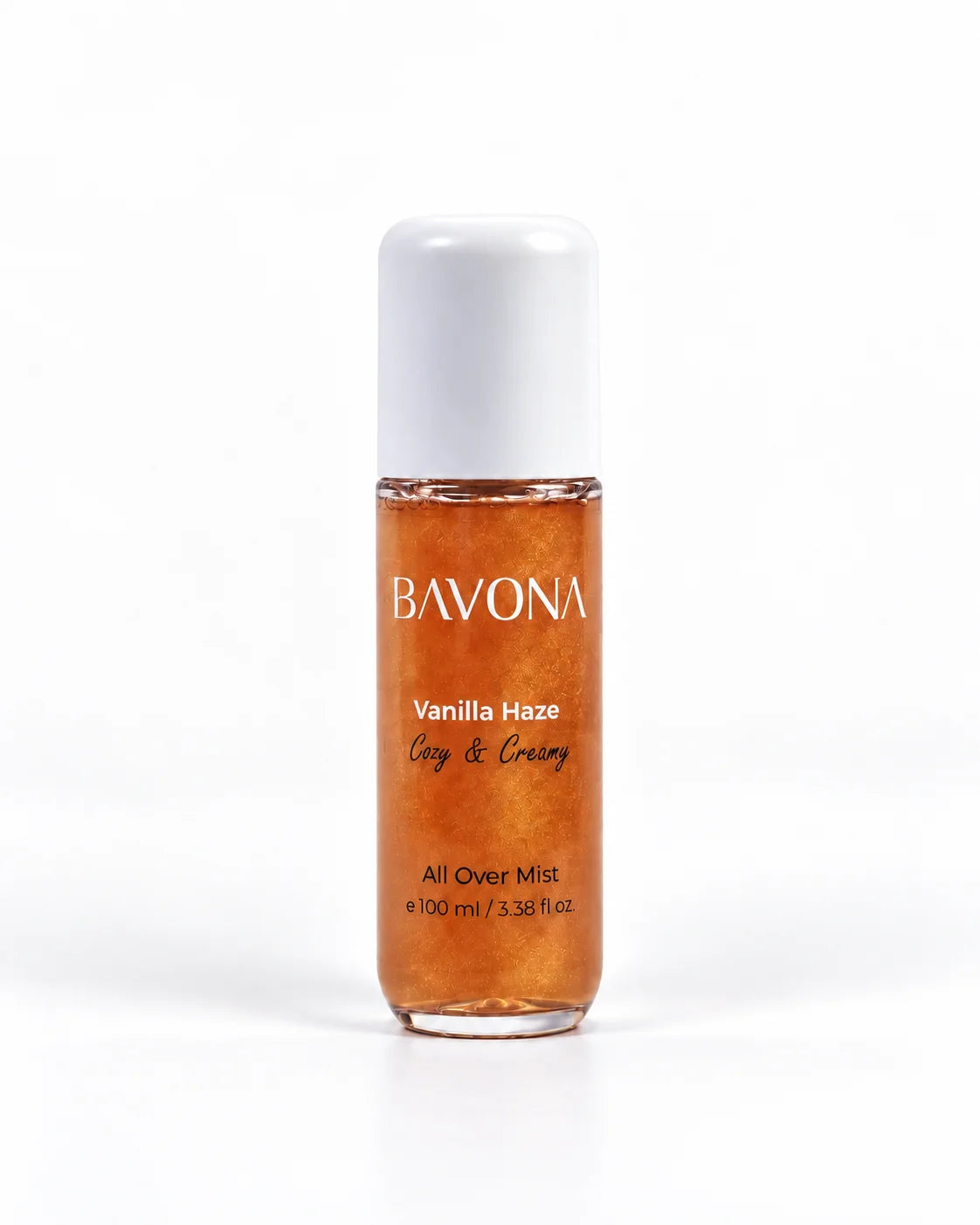 Bavona Vanilla Haze shimmer hair & body mist, 100 ml bottle with luminous shimmer on a white background