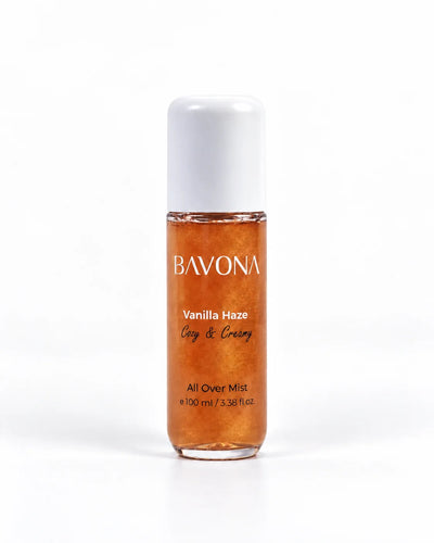 Bavona Vanilla Haze shimmer hair & body mist, 100 ml bottle with luminous shimmer on a white background