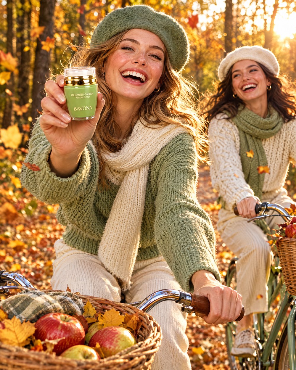Friends riding bikes through autumn leaves with Bavona Enchanted Garden