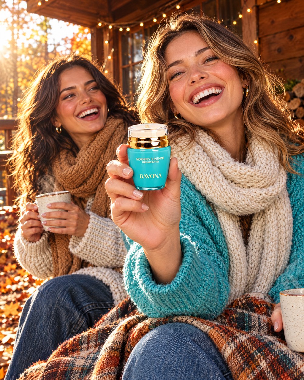 Friends in a cosy winter cabin with Bavona perfume butters