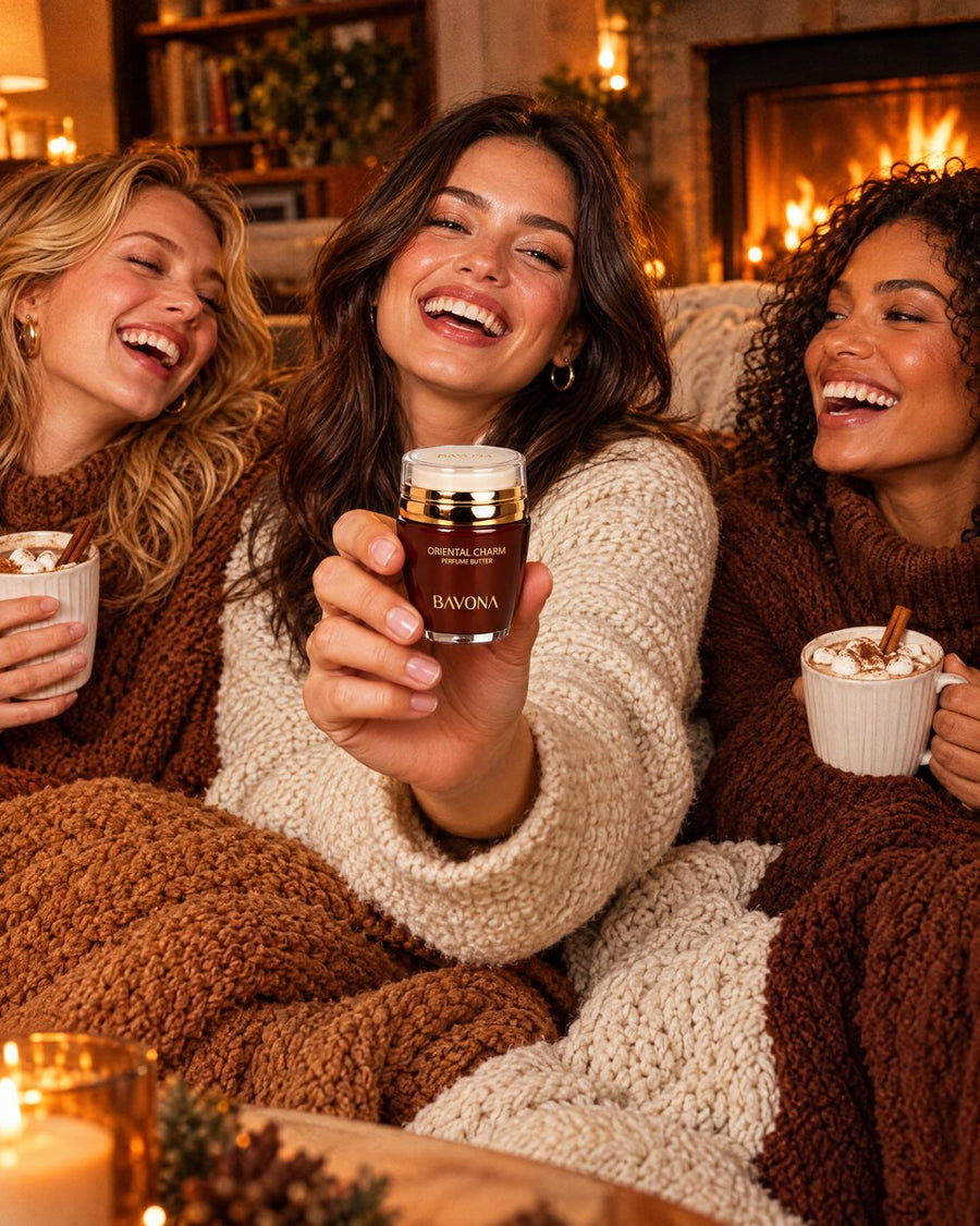 Friends by a bonfire with Bavona Oriental Charm perfume butter