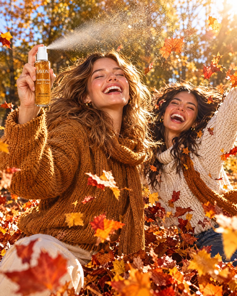 Jumping in autumn leaves with Bavona Vanilla Bourbon hair and body mist