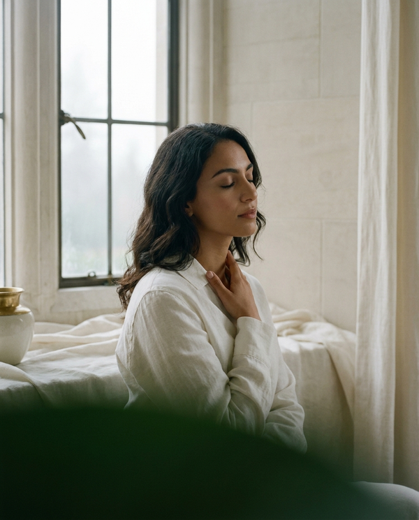 An elegant woman pauses by a misted alpine window in soft morning light.