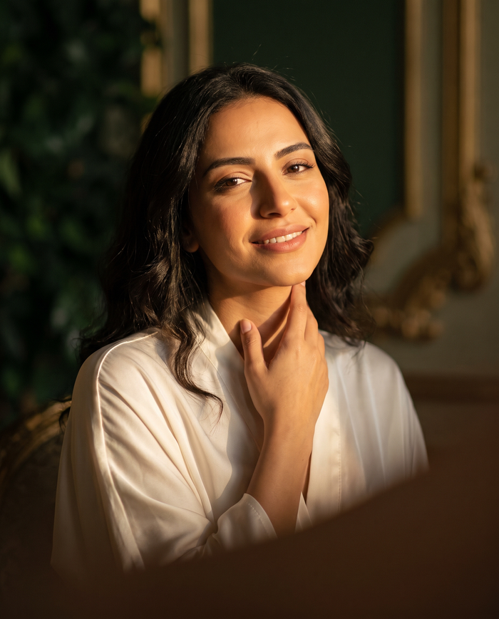 A woman in ivory silk touched by long golden-hour light, mid fragrance ritual.