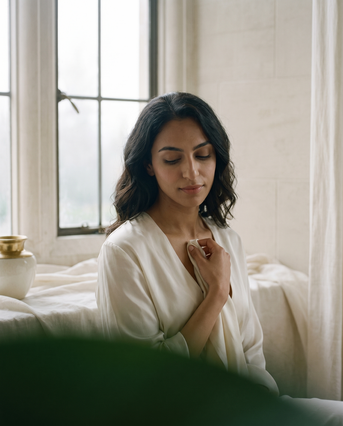 An elegant woman holds ivory silk to her collarbone in soft window light, a tender fragrance-ritual moment.